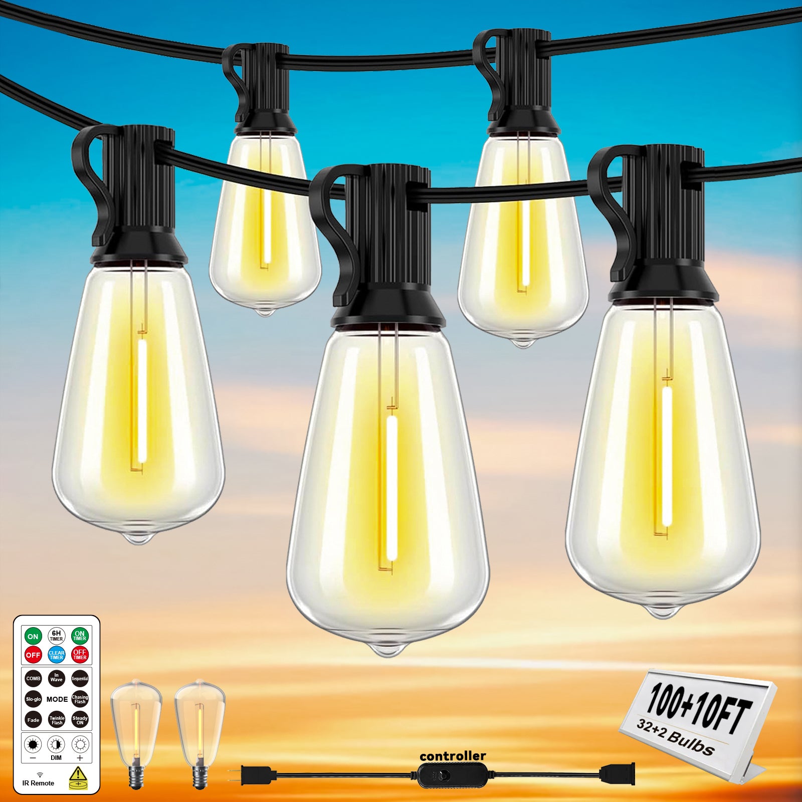 100+10FT LED Outdoor String Lights with Smart Light Sensor