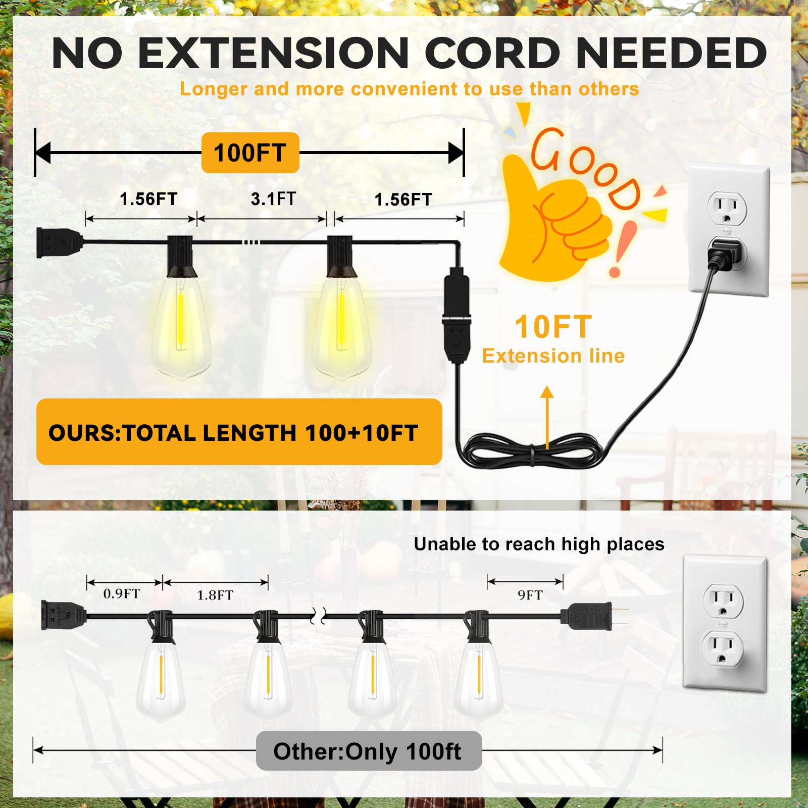 100+10FT LED Outdoor String Lights with Smart Light Sensor