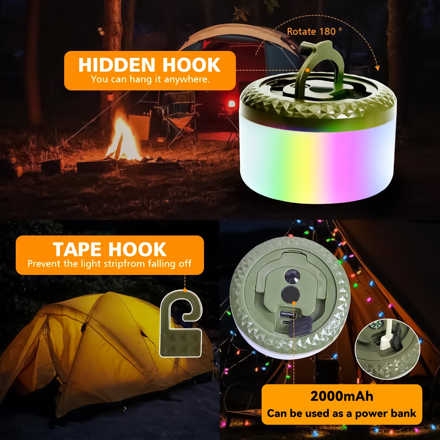 Camping String Lights, 2 in 1 Quick Storage 33FT Rechargeable Tent Lights String