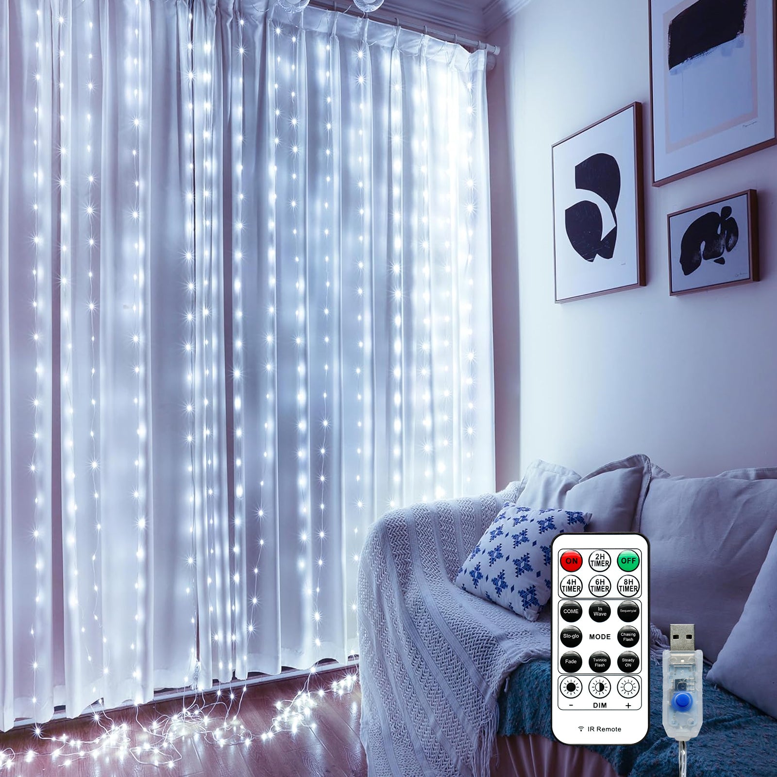 600LED Fairy Curtain Lights, 9.8x19.6Ft Warm White USB Plug with Remote for Bedroom