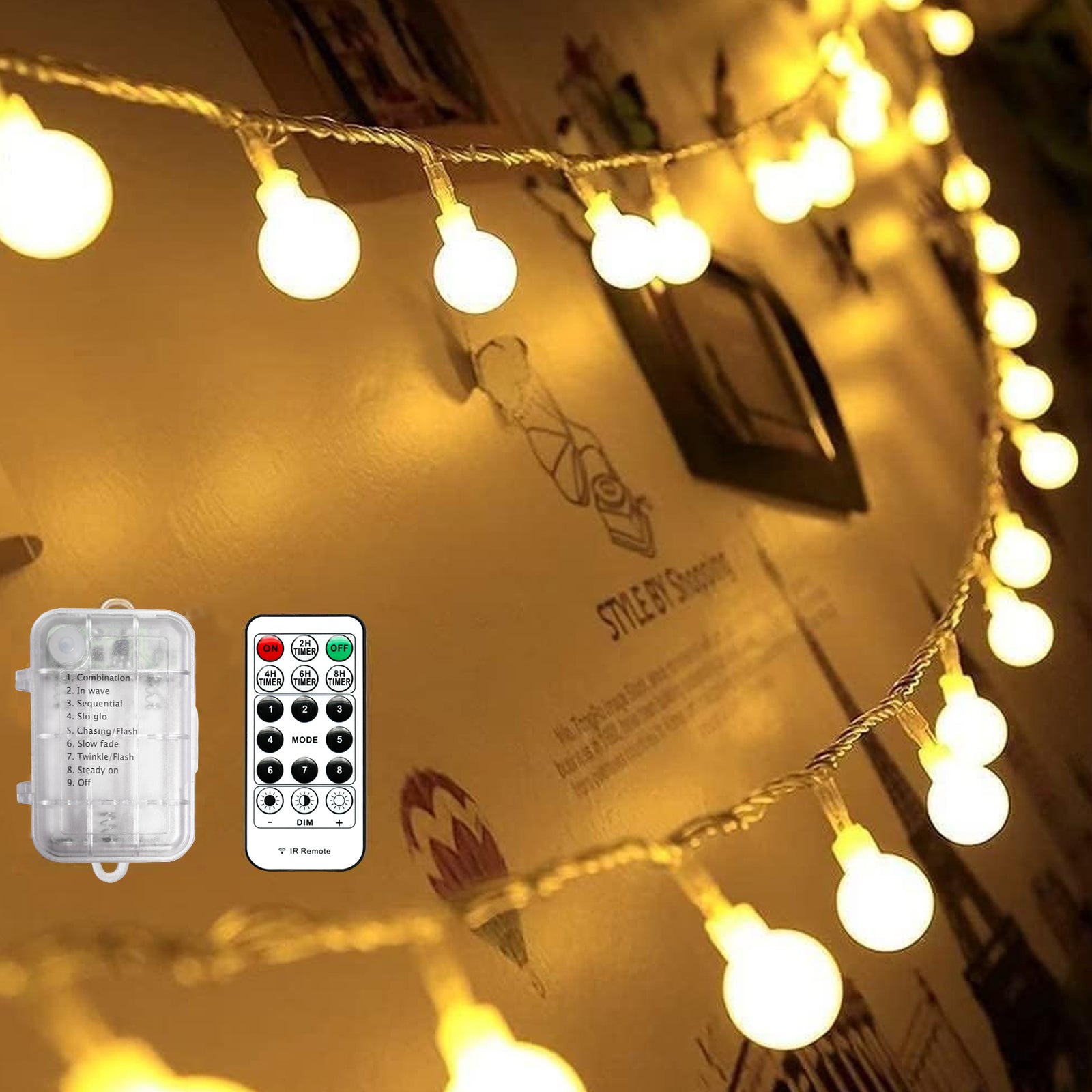 Globe String Lights Battery Operated - 50 LED Fairy Lights with Remote