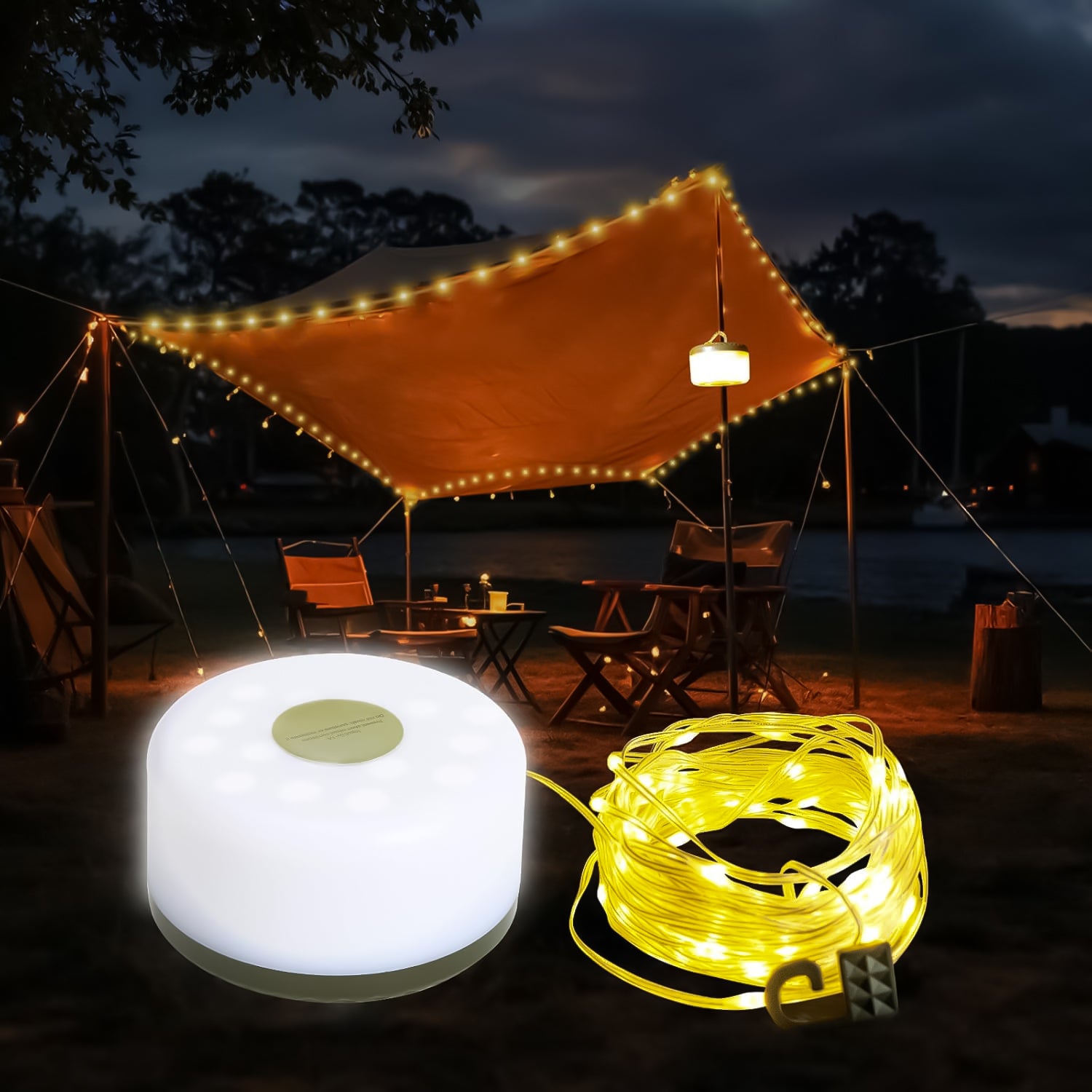 Camping String Lights, 2 in 1 Quick Storage 33FT Rechargeable Tent Lights String