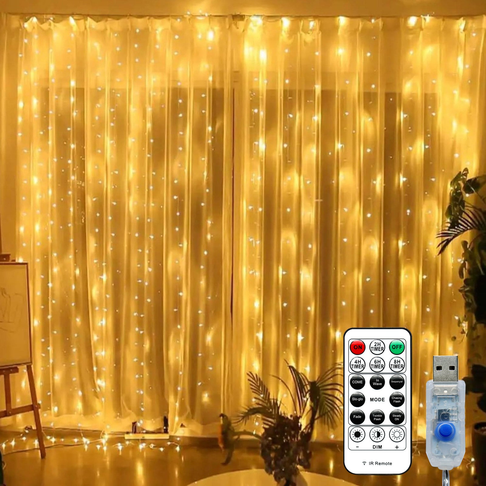 600LED Fairy Curtain Lights, 9.8x19.6Ft Warm White USB Plug with Remote for Bedroom