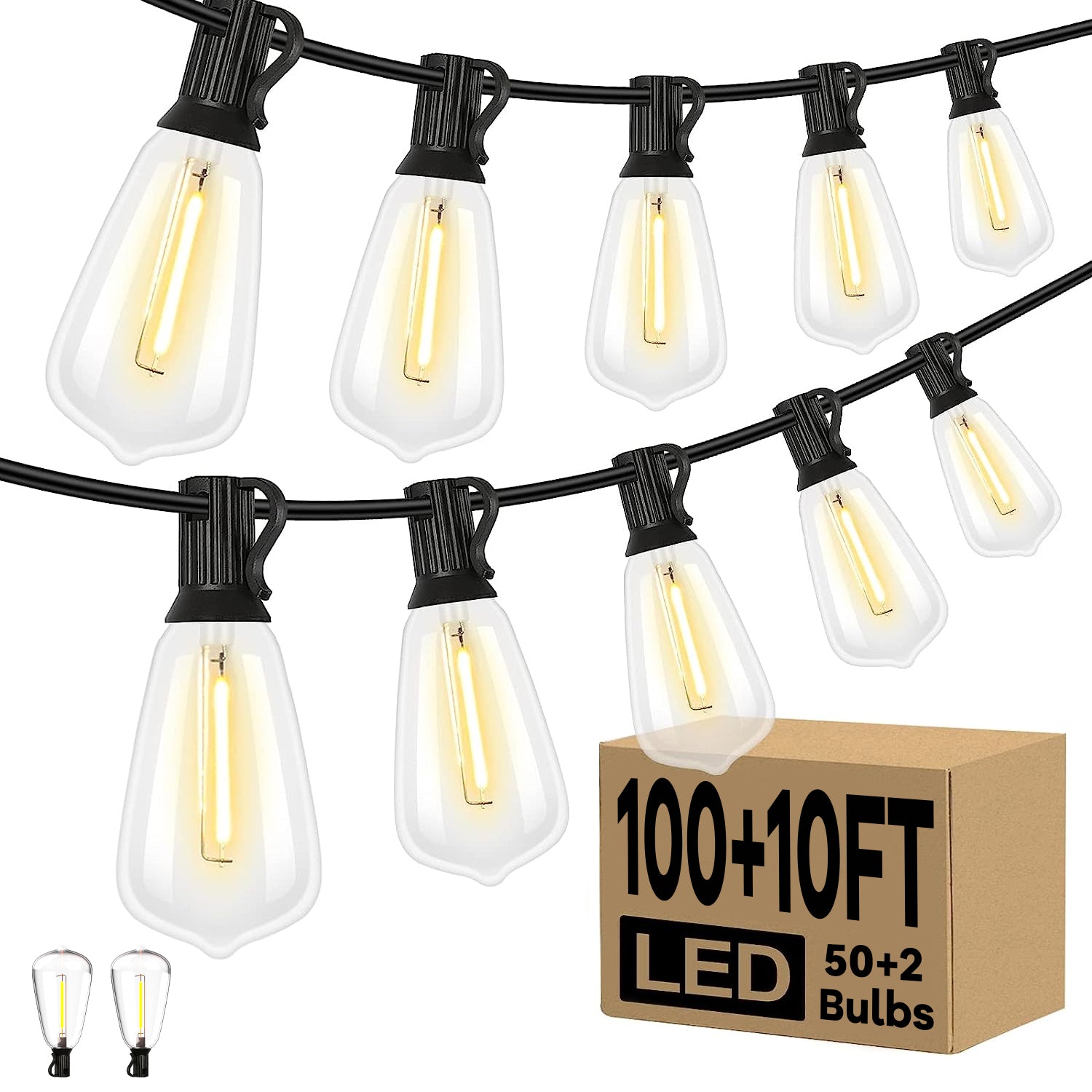 100+10FT LED Outdoor String Lights with 50+2 Shatterproof ST38 Bulbs Warm White for Garden