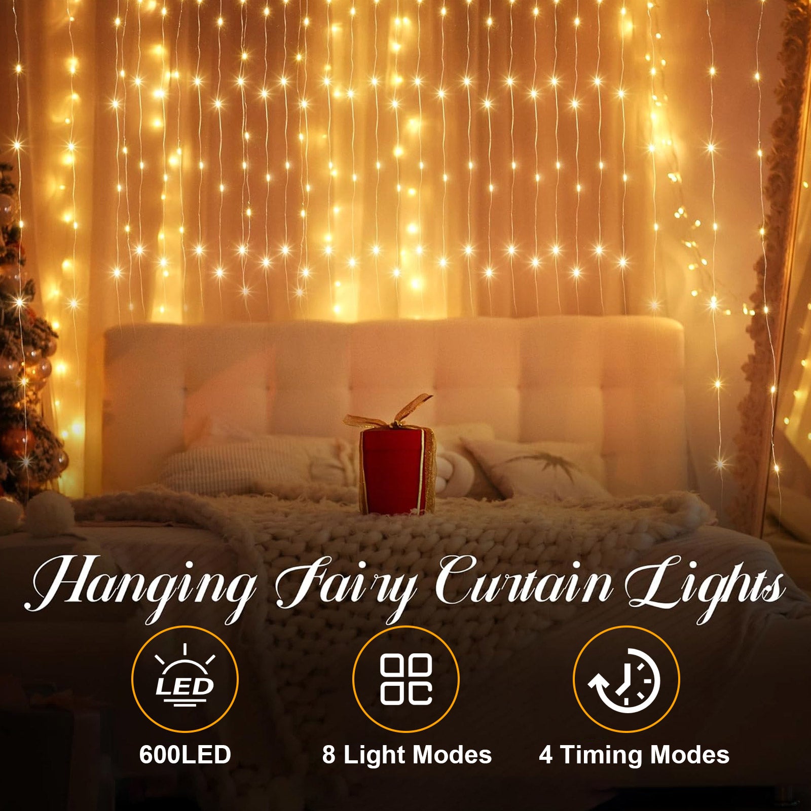 600LED Fairy Curtain Lights, 9.8x19.6Ft Warm White USB Plug with Remote for Bedroom