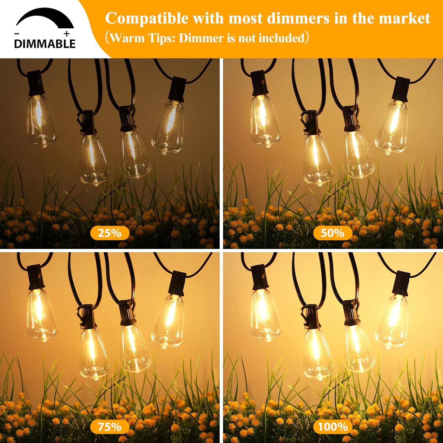 LED Outdoor String Lights 25FT Patio Lights with 12+1 Shatterproof ST38 Edison Bulbs Warm White