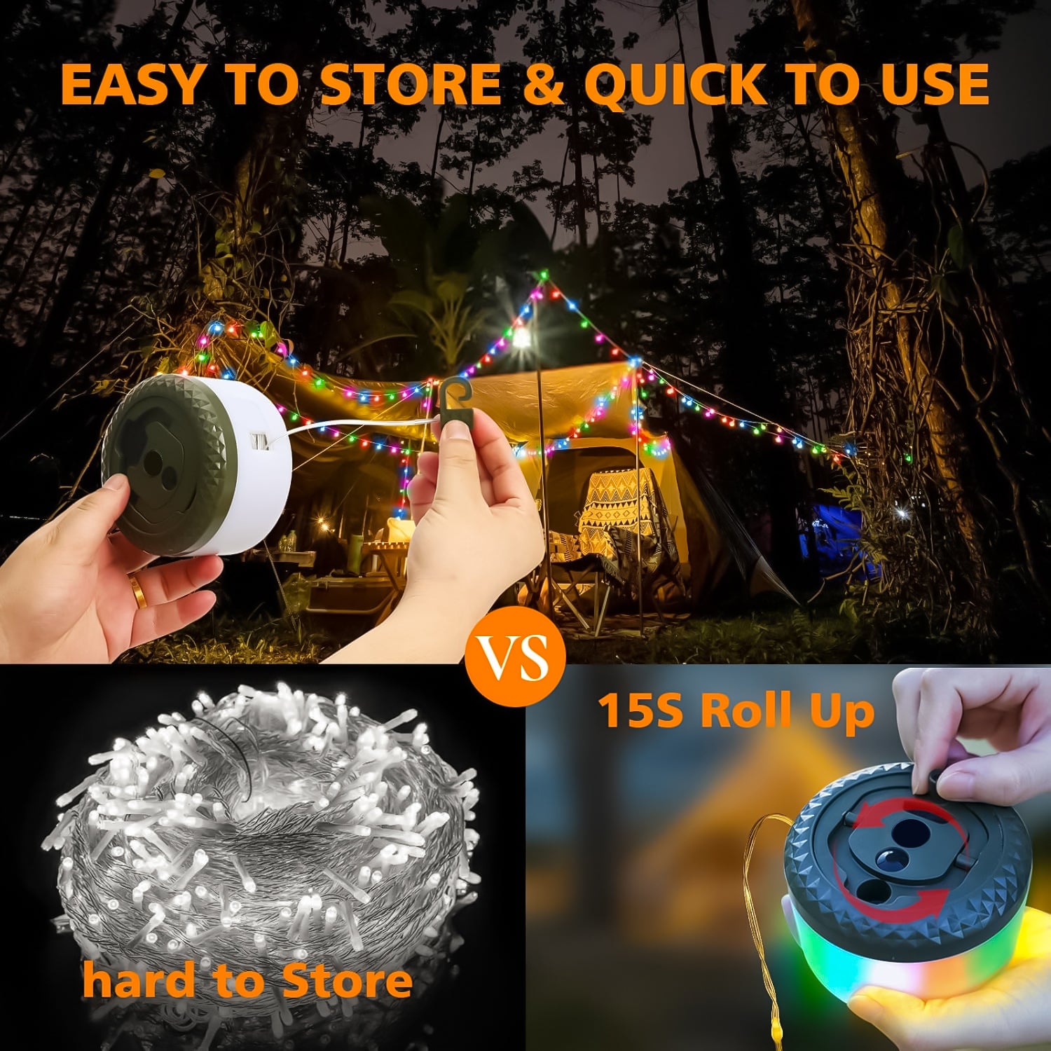 Camping String Lights, 2 in 1 Quick Storage 33FT Rechargeable Tent Lights String