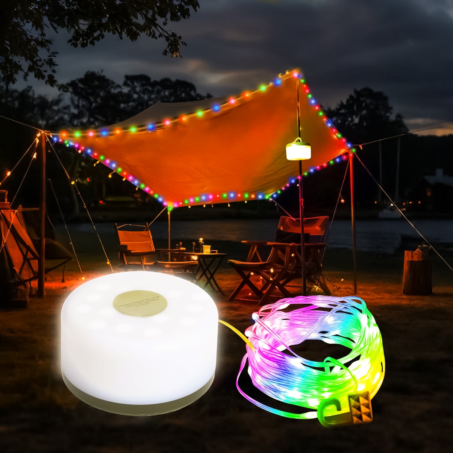 Camping String Lights, 2 in 1 Quick Storage 33FT Rechargeable Tent Lights String