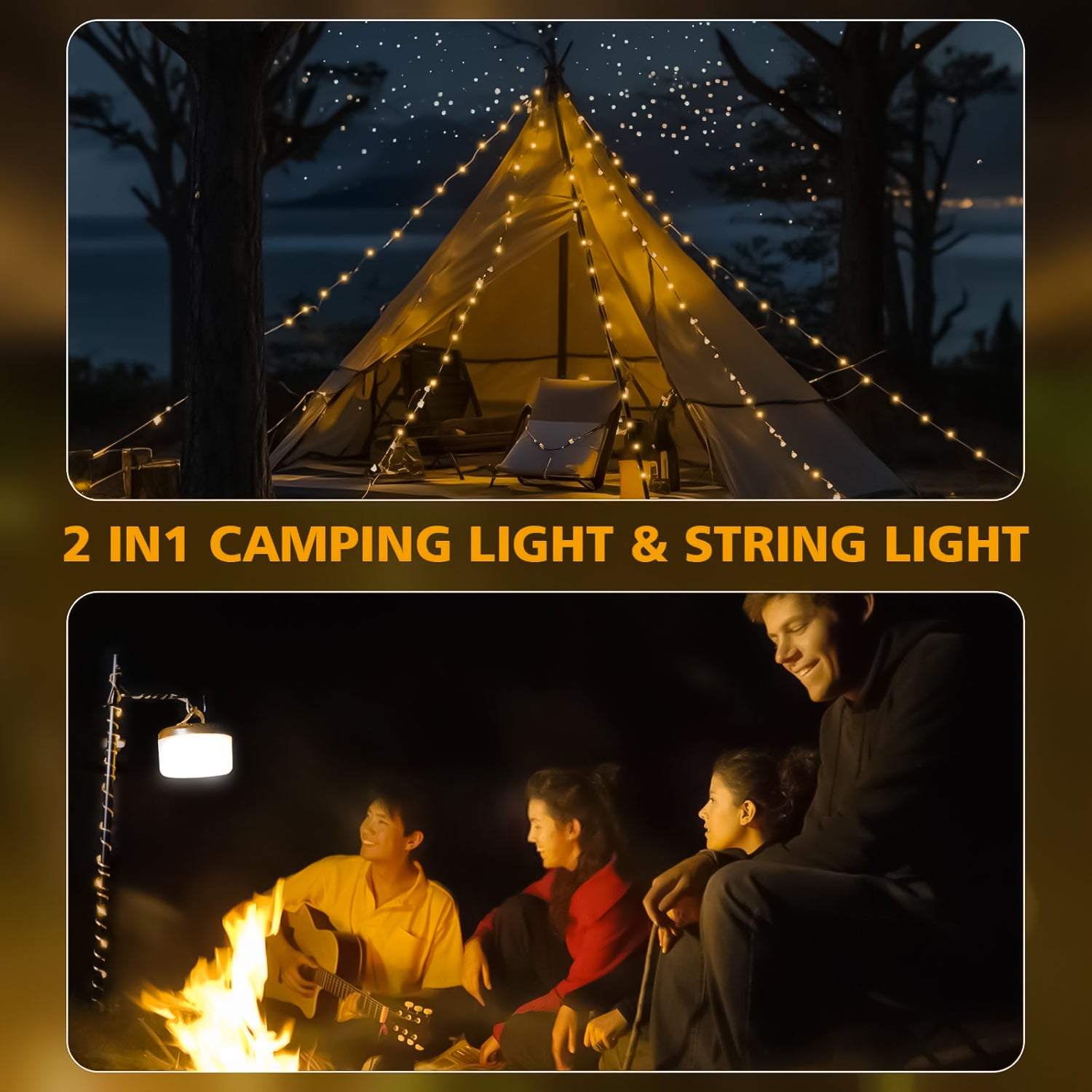 Camping String Lights, 2 in 1 Quick Storage 33FT Rechargeable Tent Lights String