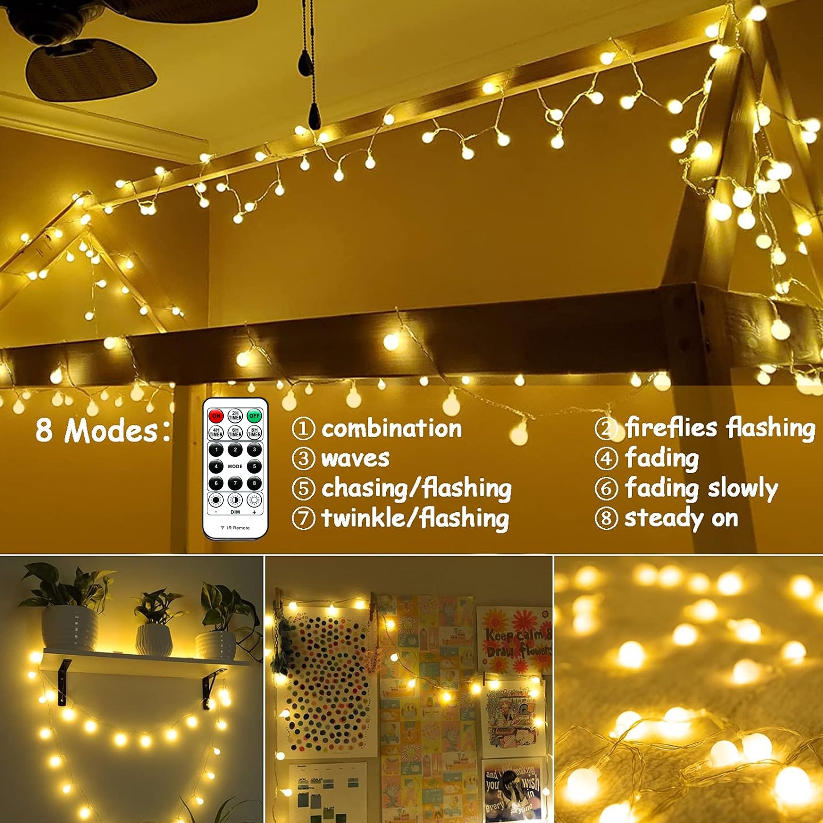 Globe String Lights Battery Operated - 50 LED Fairy Lights with Remote
