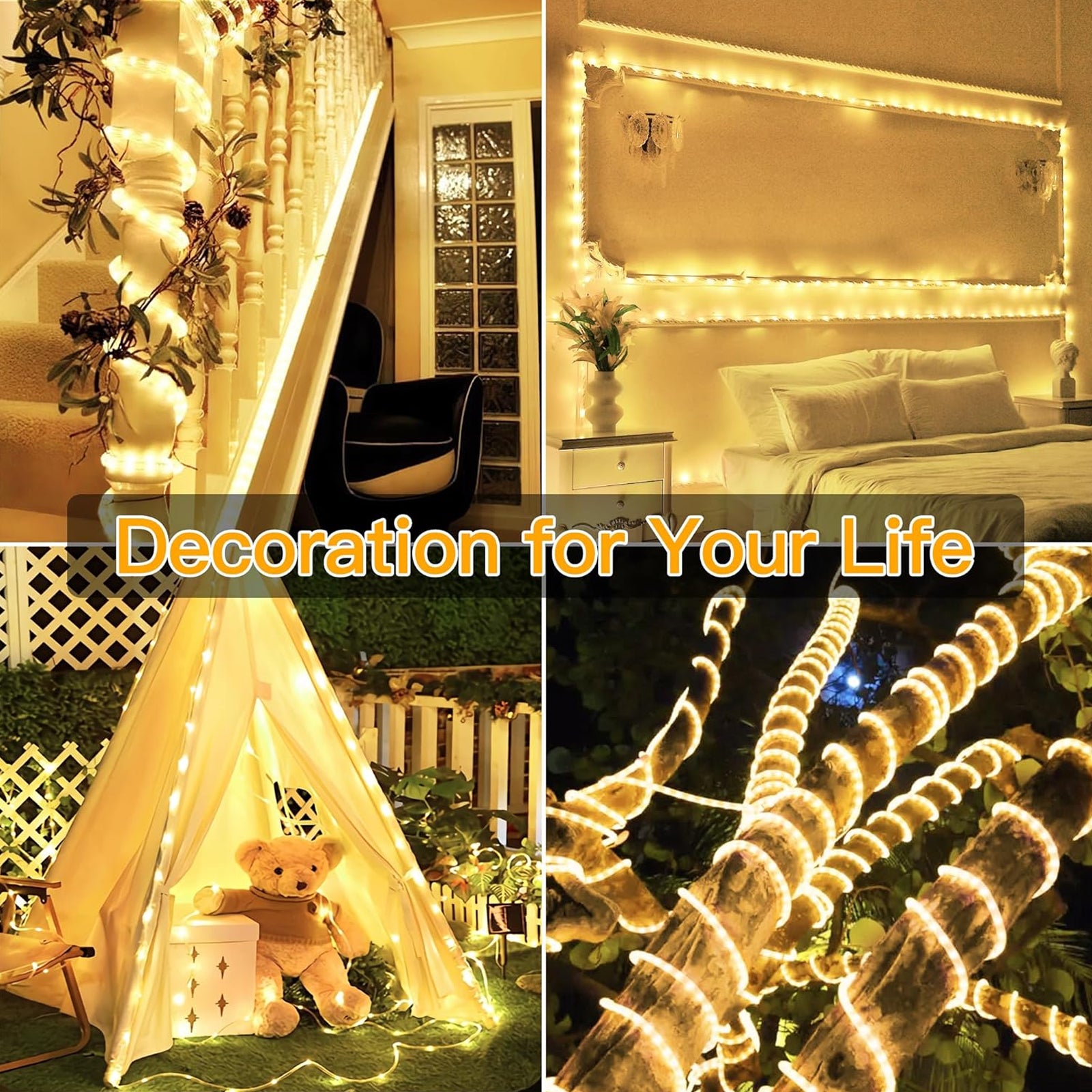 Rope Lights Outdoor, 66FT 200 LED Rope Lights with Waterproof 8 Modes for Outside Garden