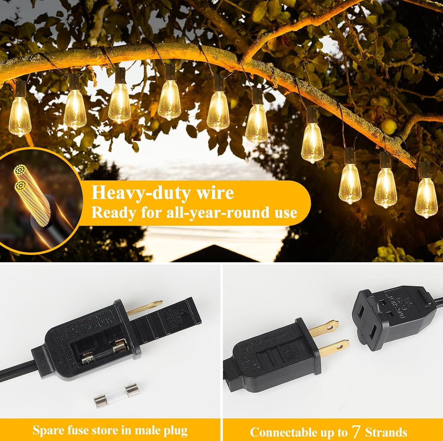 100+10FT LED Outdoor String Lights with 50+2 Shatterproof ST38 Bulbs Warm White for Garden