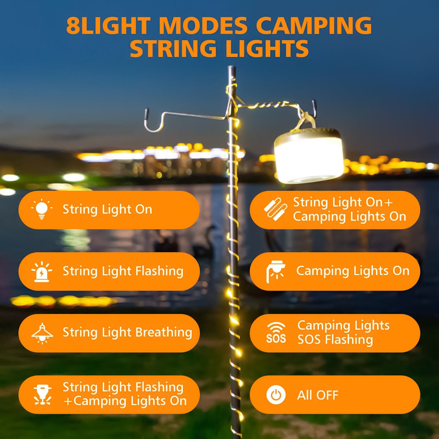 Camping String Lights, 2 in 1 Quick Storage 33FT Rechargeable Tent Lights String