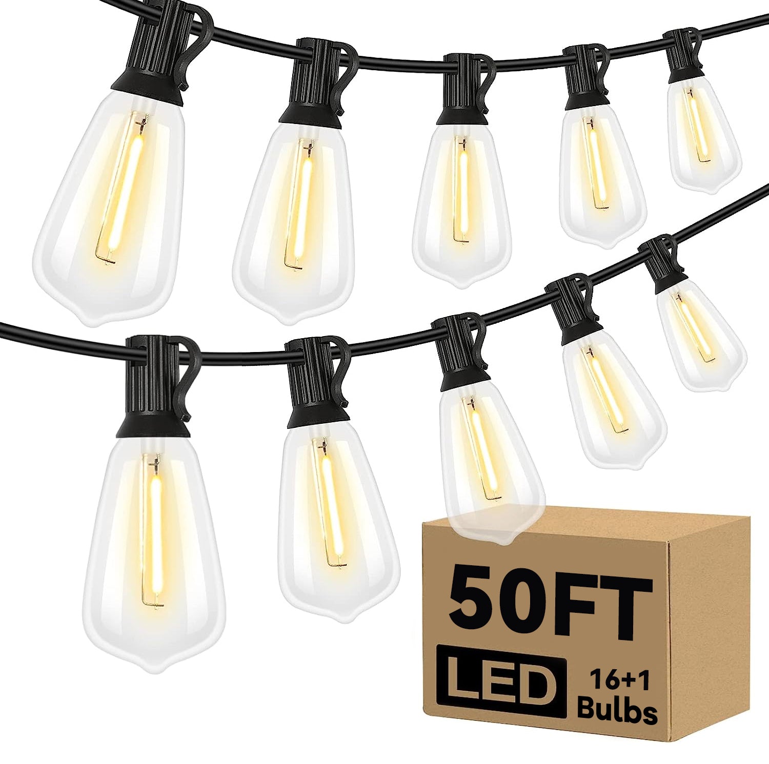50FT LED Outdoor String Lights with 16+1 Shatterproof ST38 Bulbs for Garden
