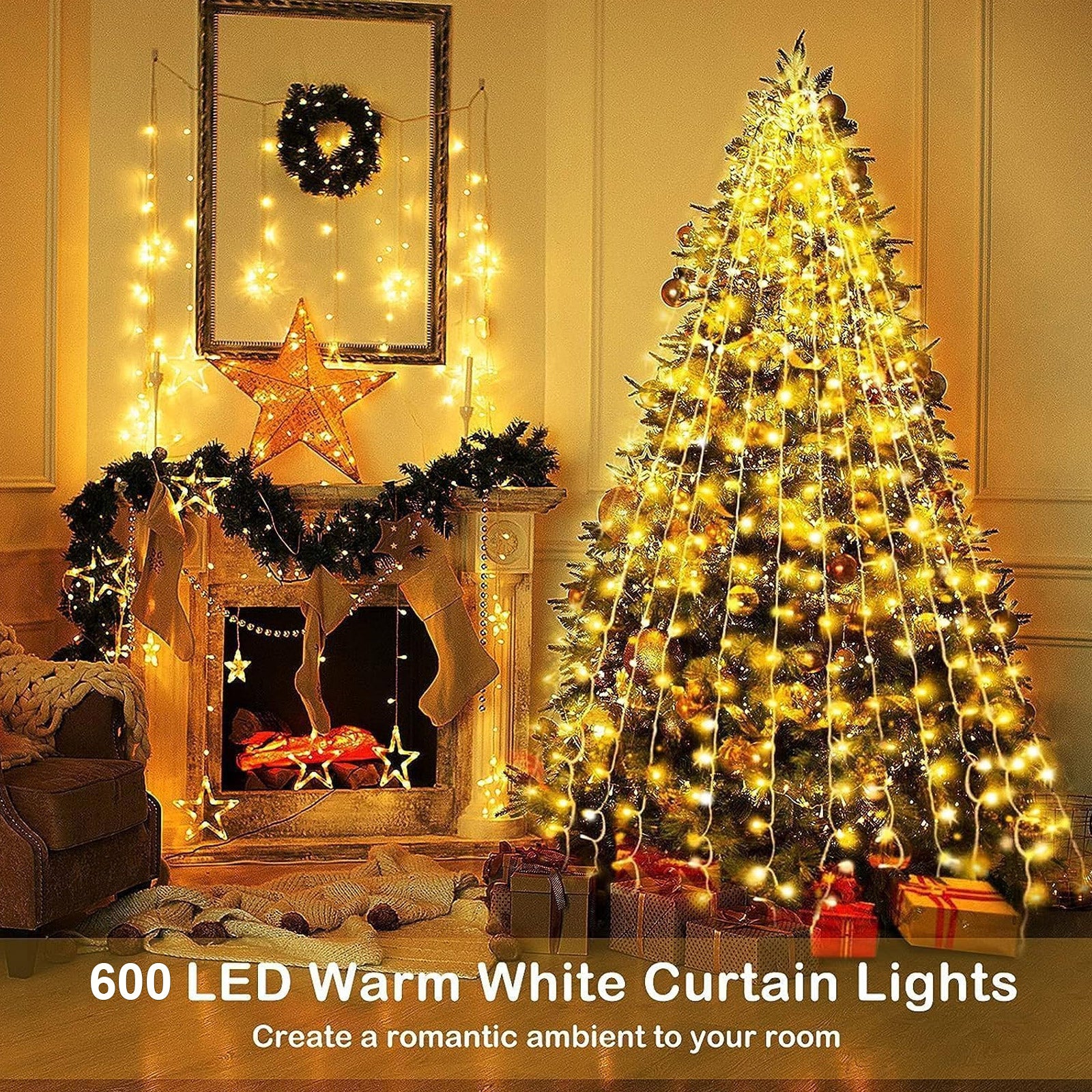 600LED Fairy Curtain Lights, 9.8x19.6Ft Warm White USB Plug with Remote for Bedroom
