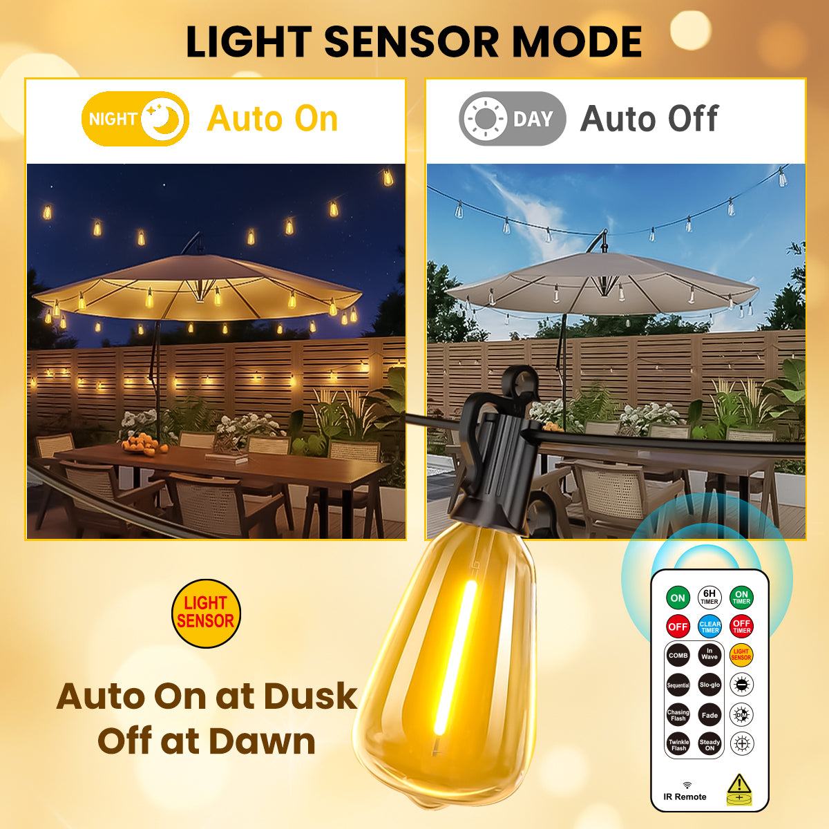 100+10FT LED Outdoor String Lights with Smart Light Sensor