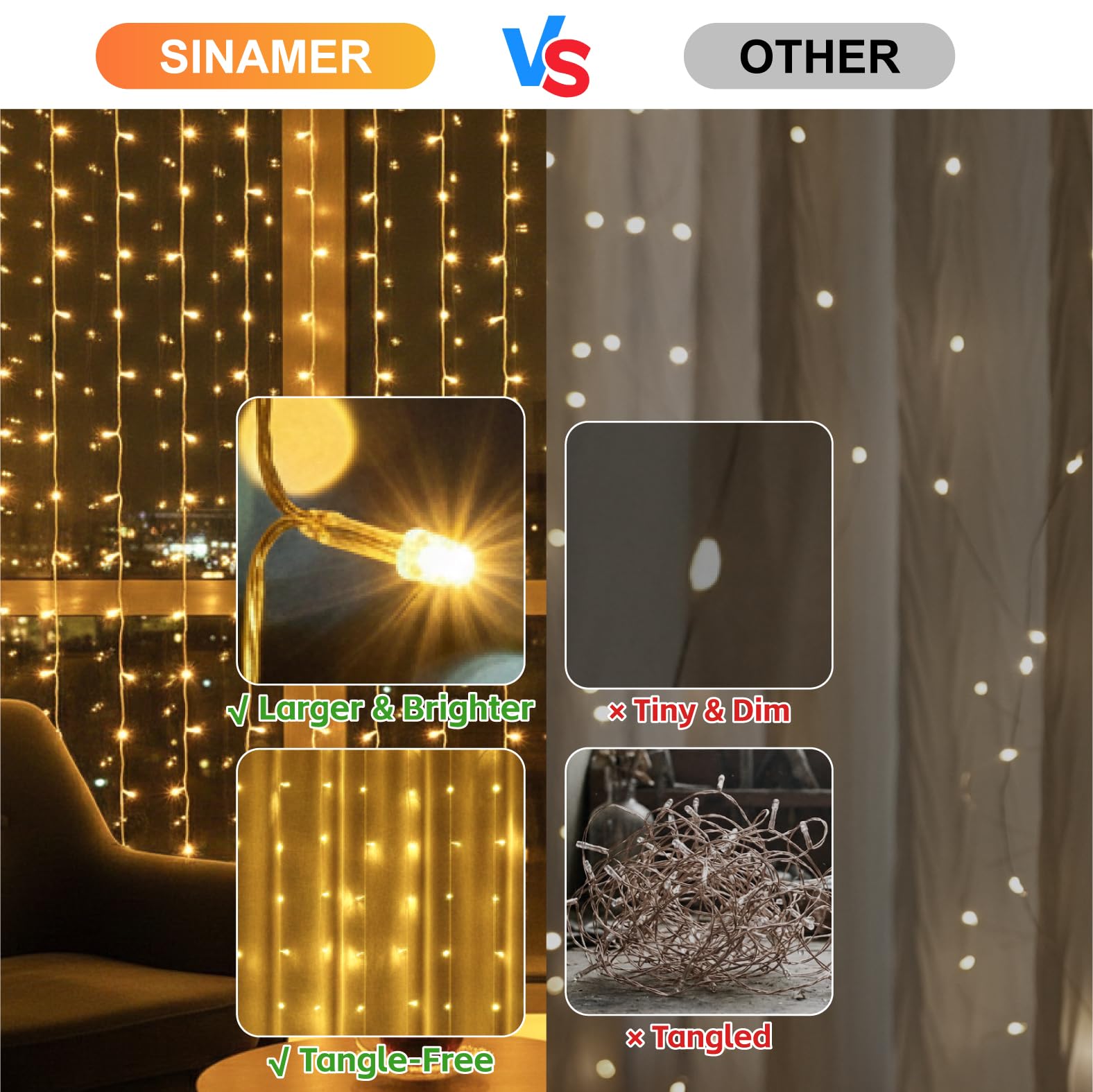 Curtain Light for Bedroom, 200LED 6.6x6.6ft Warm White Window Wall Hanging Fairy Curtain String Light, 8 Modes Remote Fairy String Lights Indoor for Wedding Party Home Garden Decorations
