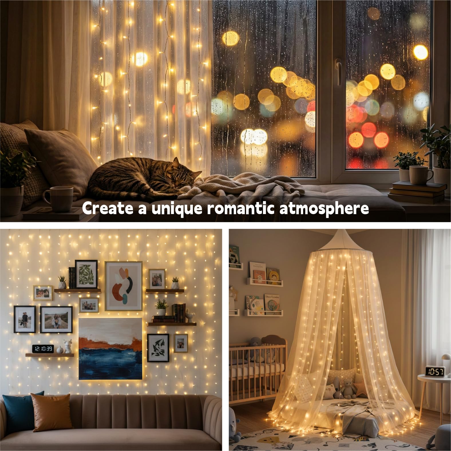 Curtain Light for Bedroom, 200LED 6.6x6.6ft Warm White Window Wall Hanging Fairy Curtain String Light, 8 Modes Remote Fairy String Lights Indoor for Wedding Party Home Garden Decorations