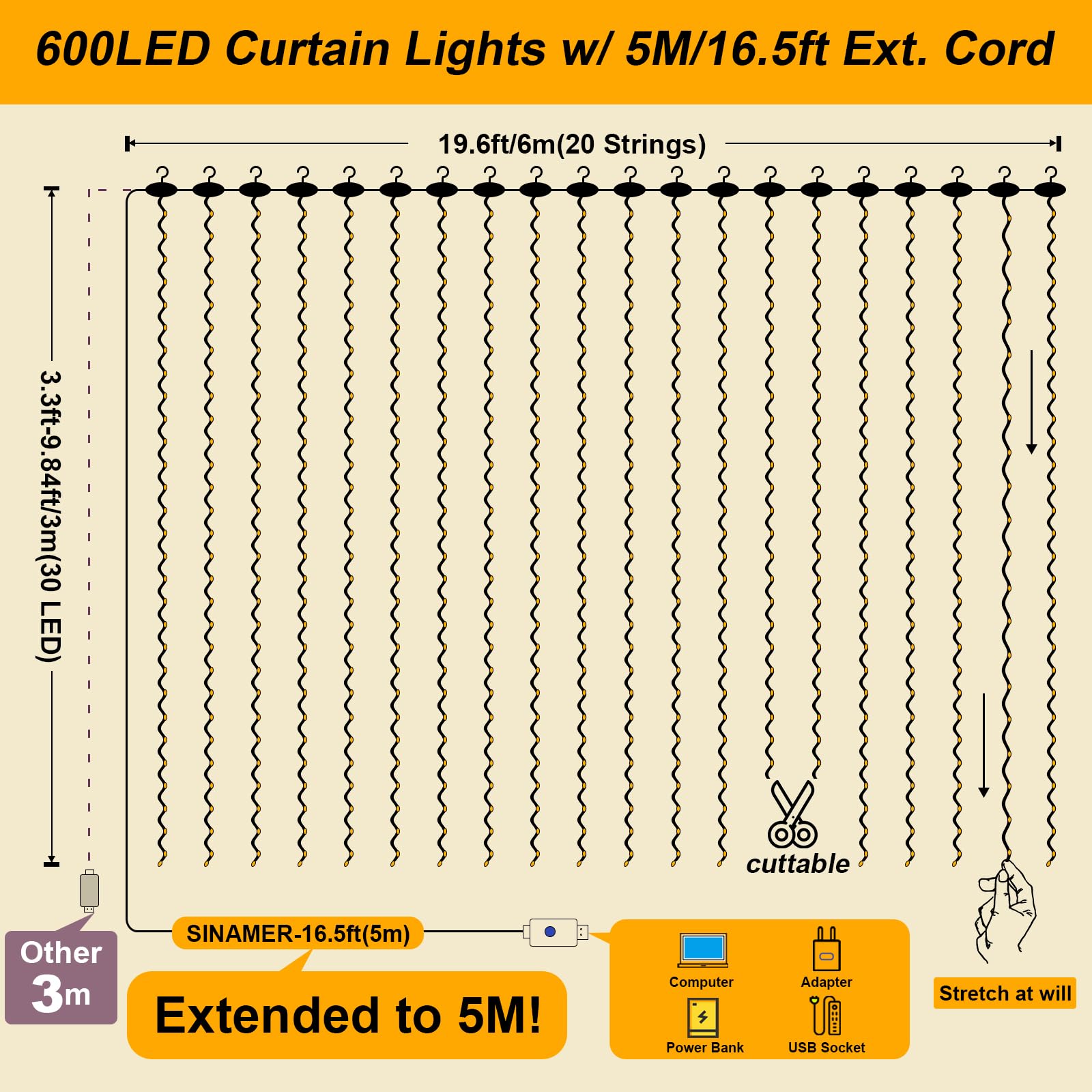 600LED Fairy Curtain Lights