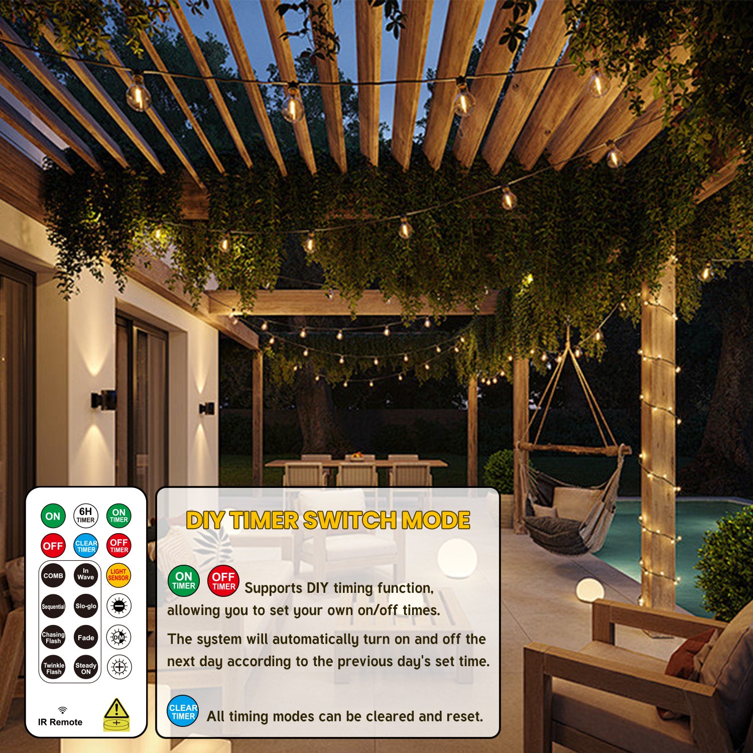 100+10FT LED Outdoor String Lights with Smart Light Sensor
