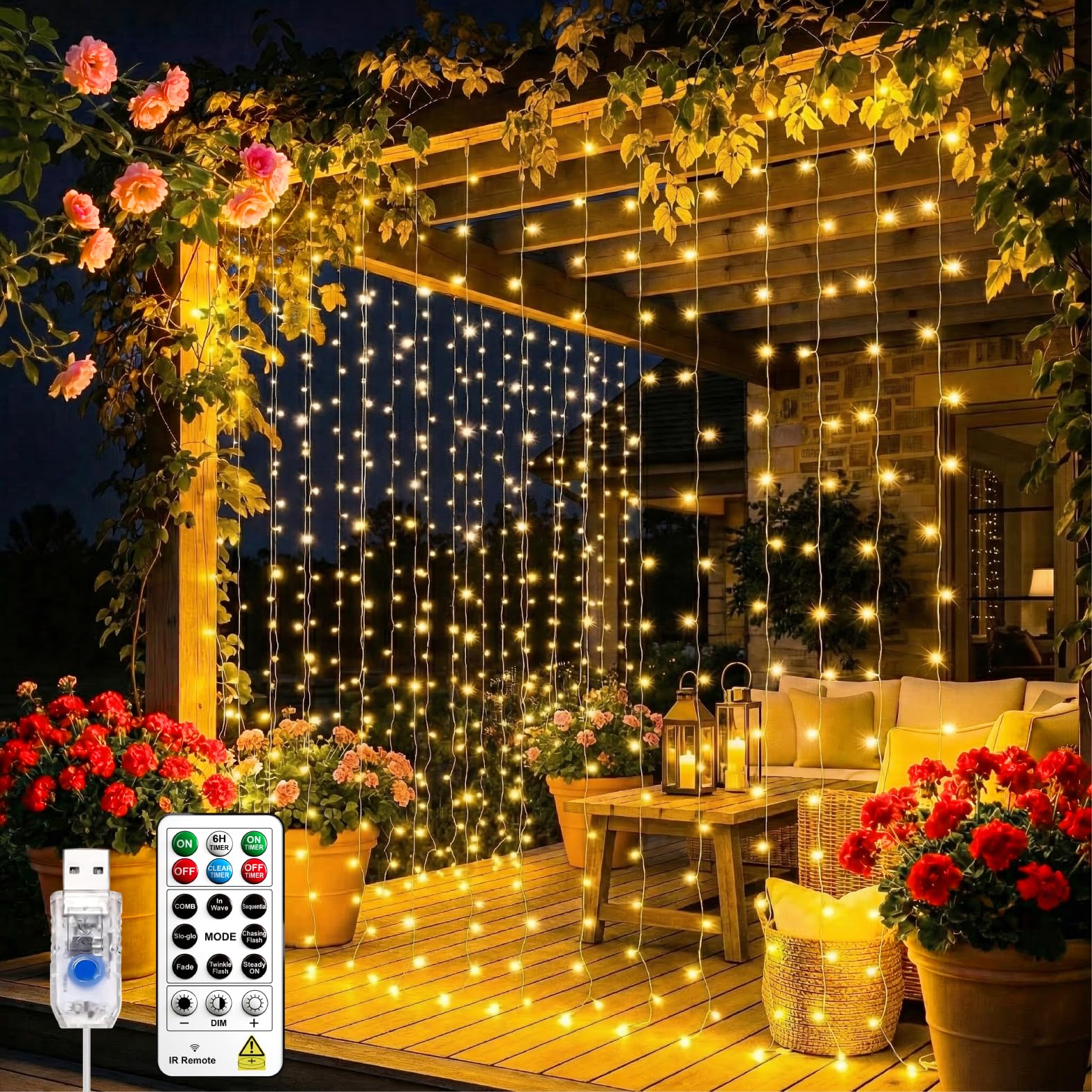 Curtain Light for Bedroom, 200LED 6.6x6.6ft Warm White Window Wall Hanging Fairy Curtain String Light, 8 Modes Remote Fairy String Lights Indoor for Wedding Party Home Garden Decorations