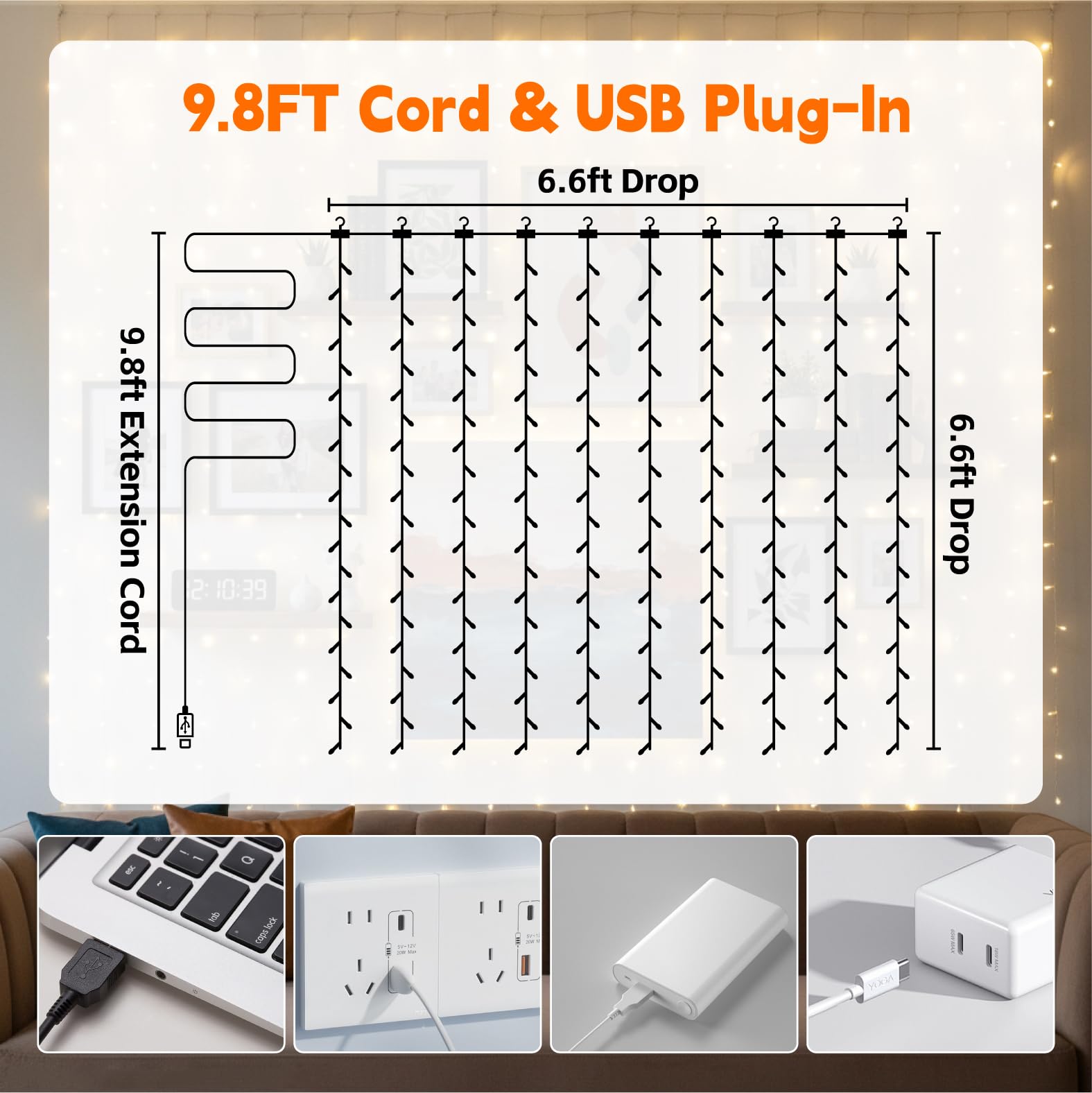 Curtain Light for Bedroom, 200LED 6.6x6.6ft Warm White Window Wall Hanging Fairy Curtain String Light, 8 Modes Remote Fairy String Lights Indoor for Wedding Party Home Garden Decorations