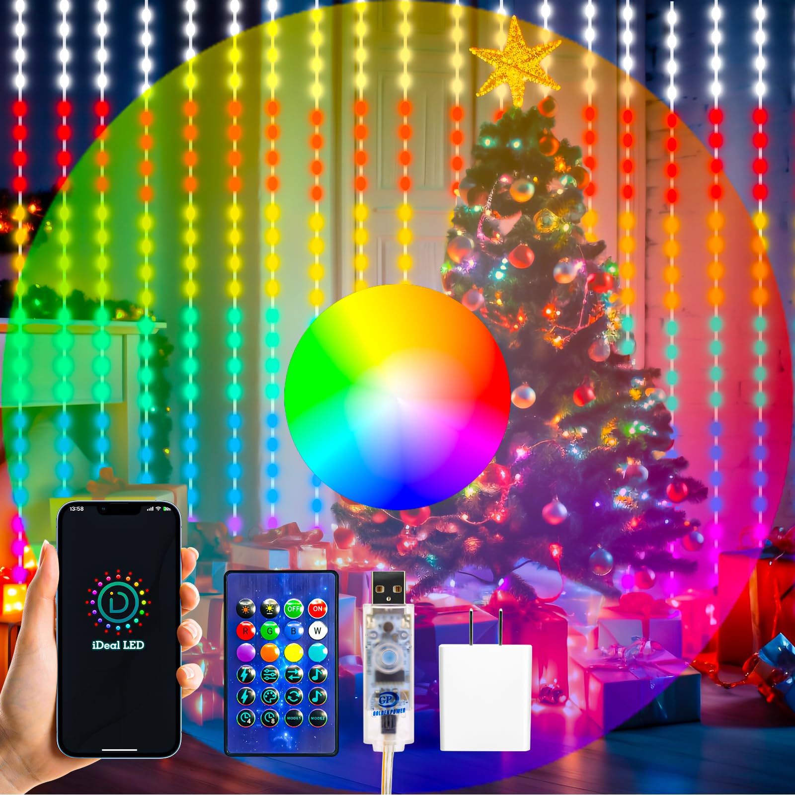300LEDS Unlimited RGB Colors Changing Curtain Lights for Party and Christmas