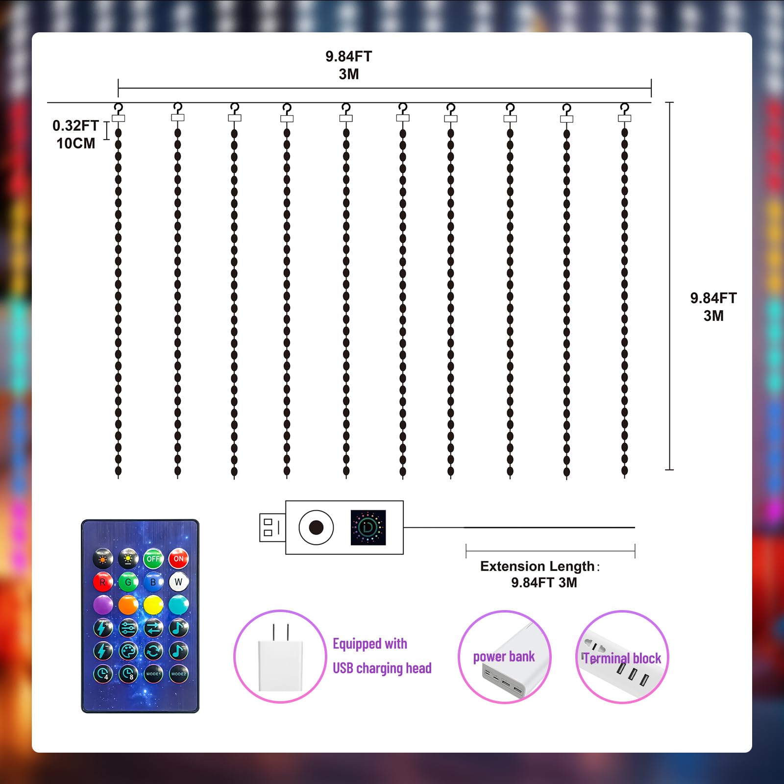 300LEDS Unlimited RGB Colors Changing Curtain Lights for Party and Christmas